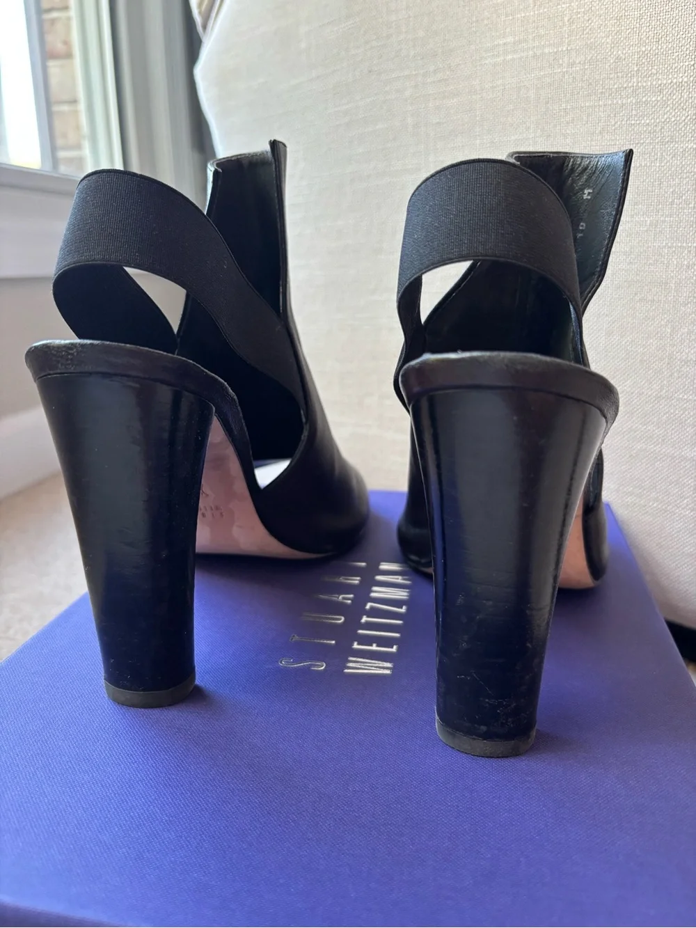 Stuart Weitzman Fronton Black Open-Toe Slingback High Heels
